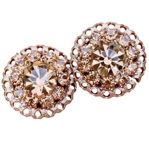 VTG 50s Gold Tone Champagne Rhinestone Dome Clip On Earrings Mid Century Sparkly